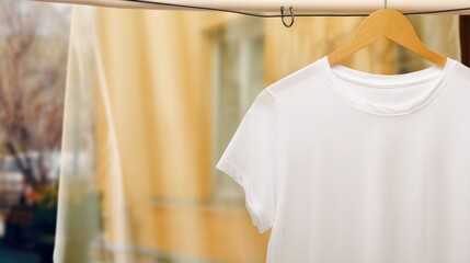 Plain white t shirt hanging on a wooden hanger attached to a metal clothesline against a blurred building backdrop