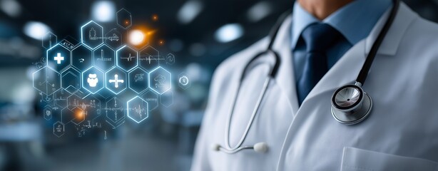 Close-Up of Doctor with Stethoscope and Futuristic Medical Technology Interface – Digital Health Innovations, Smart Diagnostics, and Advanced Healthcare Solutions