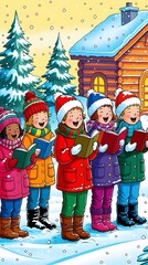 Festive winter scene with joyful children singing Christmas carols outdoors in colorful clothes, standing in snow near a cozy log cabin, surrounded by decorated pine trees

