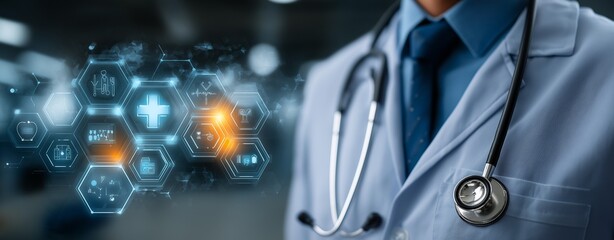 Close-Up of Doctor with Stethoscope and Futuristic Medical Technology Interface – Digital Health Innovations, Smart Diagnostics, and Advanced Healthcare Solutions