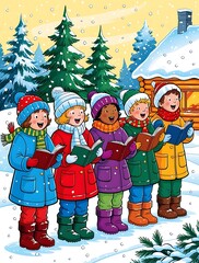 Festive winter scene with joyful children singing Christmas carols outdoors in colorful clothes, standing in snow near a cozy log cabin, surrounded by decorated pine trees

