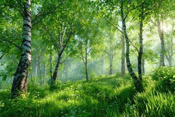 Obraz premium Sunny birch forest bathed in morning mist