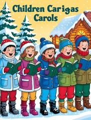 Festive winter scene with joyful children singing Christmas carols outdoors in colorful clothes, standing in snow near a cozy log cabin, surrounded by decorated pine trees

