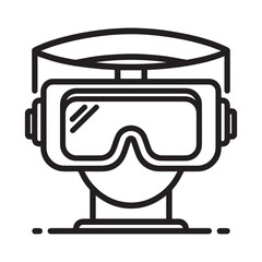 A minimalist line art illustration of a VR headset in black and white.