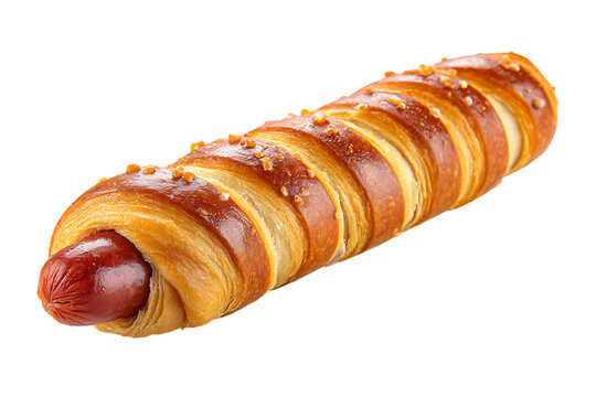 A savory hot dog encased in a beautifully baked pretzel bread on transparent background