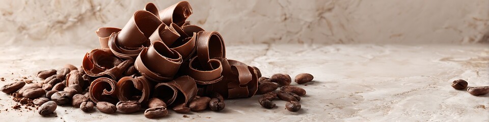 A delectable display of chocolate curls and cocoa beans on a textured surface for a sweet indulgence