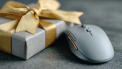 Gift-wrapped box beside a gray computer mouse