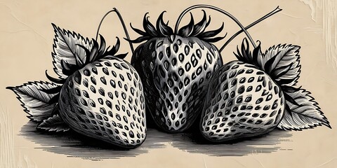 Vintage botanical illustration of strawberries on a stem with leaves in detailed black ink style, perfect for nature-inspired designs, retro art prints, and classic backgrounds

