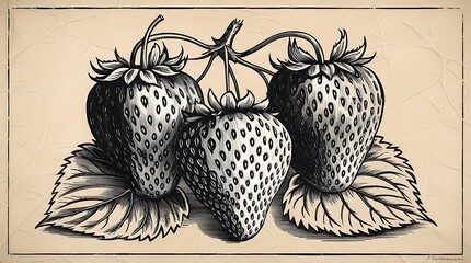 Vintage botanical illustration of strawberries on a stem with leaves in detailed black ink style, perfect for nature-inspired designs, retro art prints, and classic backgrounds

