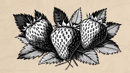 Vintage botanical illustration of strawberries on a stem with leaves in detailed black ink style, perfect for nature-inspired designs, retro art prints, and classic backgrounds

