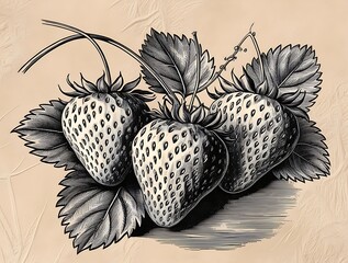 Vintage botanical illustration of strawberries on a stem with leaves in detailed black ink style, perfect for nature-inspired designs, retro art prints, and classic backgrounds

