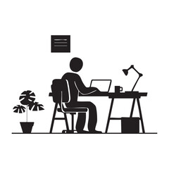 Silhouette of a person working on a laptop at a desk with a lamp and plant