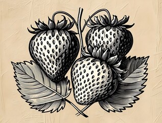 Vintage botanical illustration of strawberries on a stem with leaves in detailed black ink style, perfect for nature-inspired designs, retro art prints, and classic backgrounds

