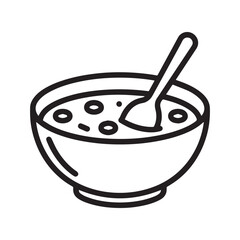  A simple black and white line drawing of a cereal bowl with a spoon.