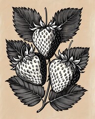 Vintage botanical illustration of strawberries on a stem with leaves in detailed black ink style, perfect for nature-inspired designs, retro art prints, and classic backgrounds

