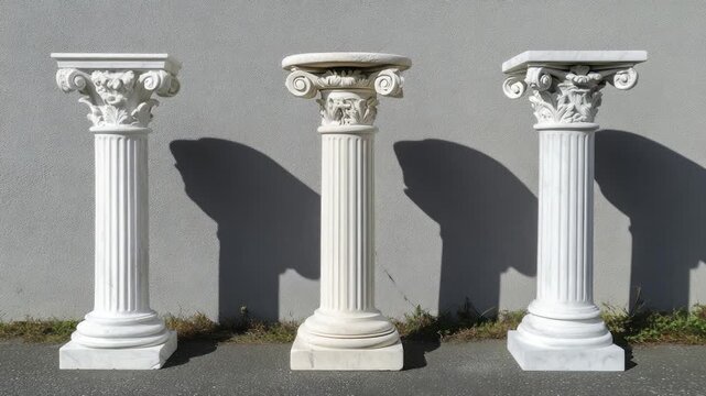 Three white decorative columns against a light gray wall