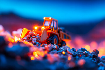 Blurry excavator loading stone ore long exposure