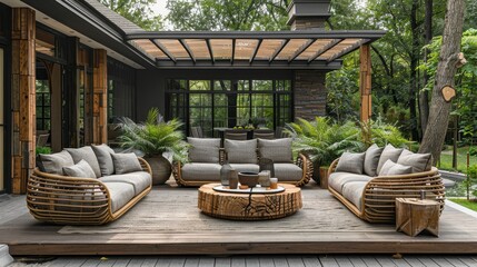 Luxurious outdoor living space with wicker seating and natural materials