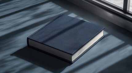 A navy blue hardcover book rests on a dark surface, bathed in slanted sunlight streaming through a nearby window, casting strong parallel shadows