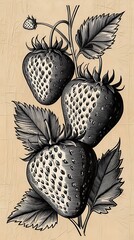 Vintage botanical illustration of strawberries on a stem with leaves in detailed black ink style, perfect for nature-inspired designs, retro art prints, and classic backgrounds

