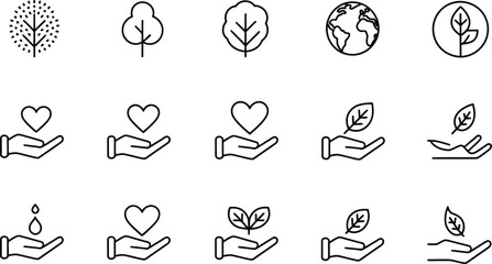 Ecology Icons Set Trees, Earth, Heart and Leaf, Hand Holding, Line Art Icons