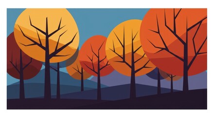 Flat illustration of autumn trees with colorful foliage and hills