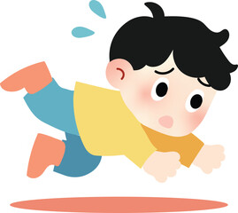 Cute cartoon illustration of a young boy falling forward with a surprised expression, perfect for educational safety materials, children accident prevention, and learning illustrations.