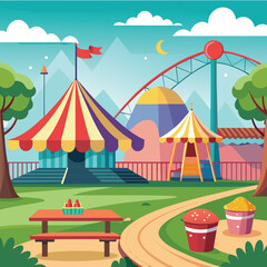 Stripped circus tent in a summer park for fun festival and fair entertainment.