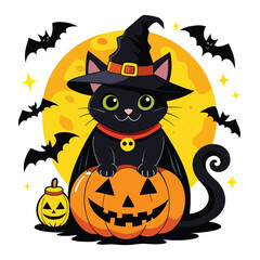 Spooky Halloween night with cute cartoon pumpkin, black cat, and bats illustration.