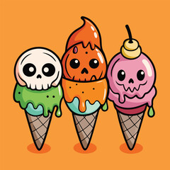 three ice cream cones with Halloween themed scoops.