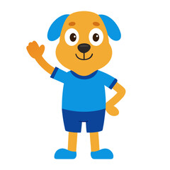 Adorable cartoon dog waving hand, wearing blue shirt and shorts vector on white background.
