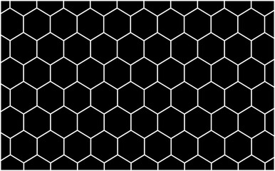  Seamless abstract pattern of white hexagonal outlines on a black background. Geometric, modern, and high-contrast.