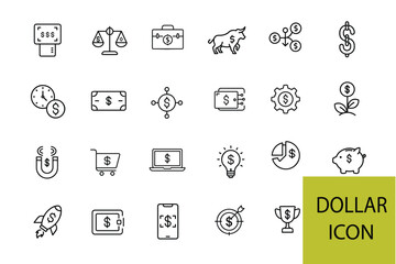 Collection of financial and business icons with dollar symbols