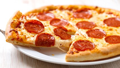 Pizza slice being lifted from a pepperoni pizza