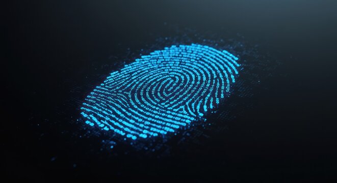 Digital fingerprint glowing blue against a black background.