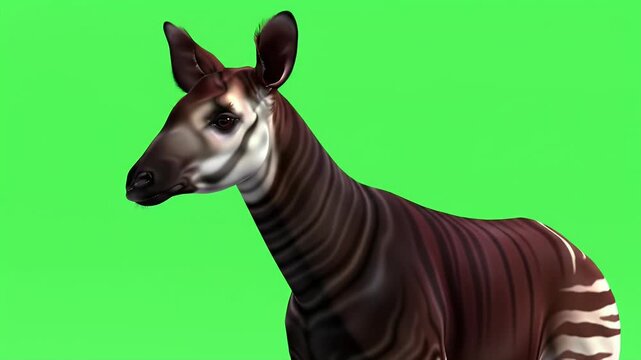 Striking Okapi Profile on Vivid Green Screen Background for Easy Isolation and Compositing