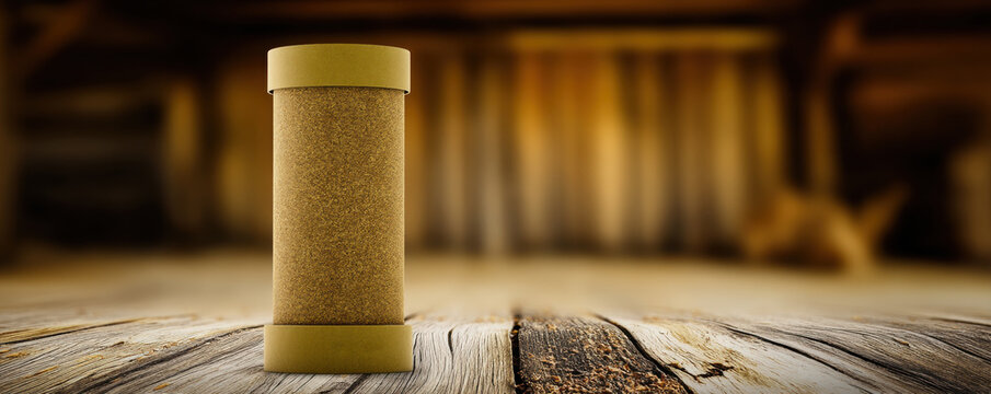 Cylindrical container labeled CONTU BRAM resting on a weathered wooden surface against a blurred rustic wooden