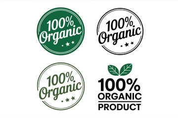 Four 100 Percent Organic Badges, Circle and Leaves Shape, Green, Black and White