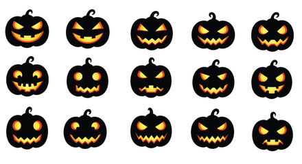 Jack-o’-Lantern Silhouette Icon Set – Halloween Pumpkin Faces in Grid Layout