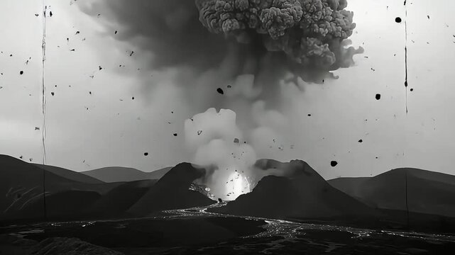 Dramatic Volcanic Eruption with Lightning Strike in Black and White Film Grain Style