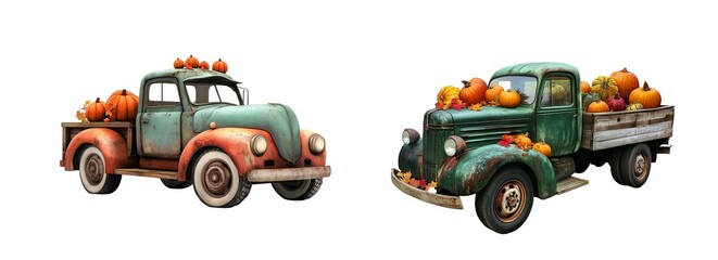 Set Retro Truck with Pumpkins Isolated on Transparent Background. PNG