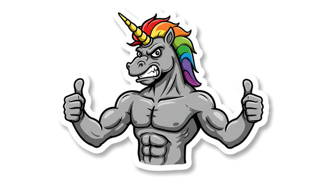 An intense unicorn muscle mascot with a colorful rainbow mane, flexing its powerful biceps. This strong and funny bodybuilder character is isolated on a flat background for easy use.