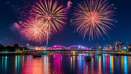 Bright fireworks exploding over an illuminated bridge reflected in the water of a river at night