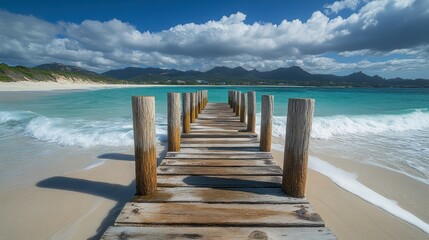 Fototapeta premium Tranquil wooden pier leads to turquoise ocean, white sand beach, and mountains