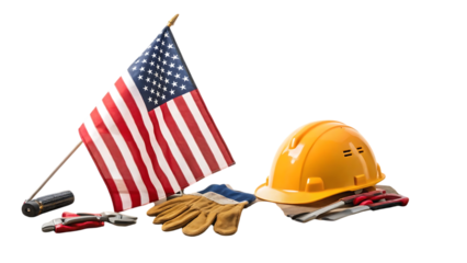 American flag hard hat gloves and tools isolated on transparent background