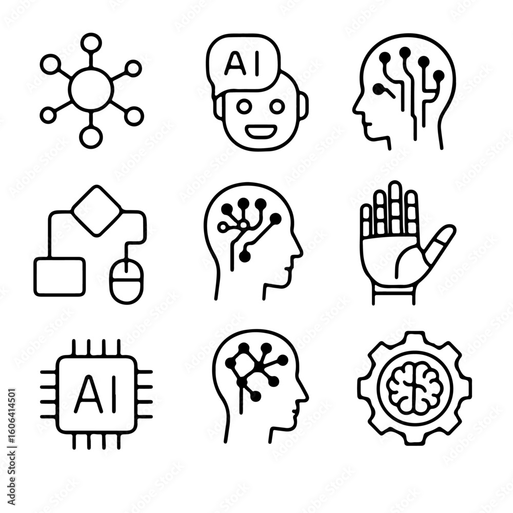 Poster illustrative icons representing diverse aspects of artificial intelligence. the image showcases the 