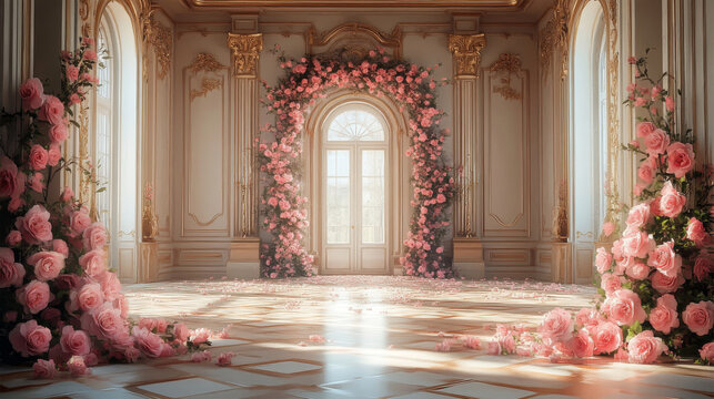 Palace Interior decorated with pink roses. Luxury Wedding Interior with flowers