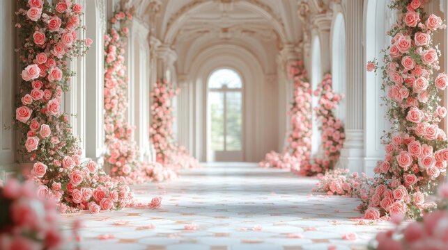 Luxury Palace Interior decorated with pink rose flowers. Wedding Interior