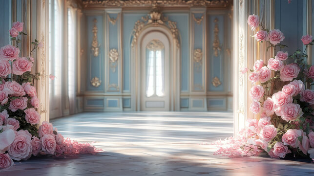 Palace Interior decorated with pink rose flowers. Blue and Gold Marble Castle Hall. Wedding background	