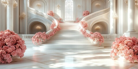 Wide marble staircase decorated with pink rose flowers in a white luxurious palace interior. Wedding interior